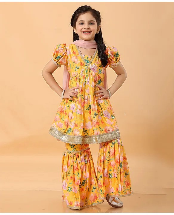 MASTARANG Woven Half Puffed Sleeves Floral Printed Gota Lace & Sequins Embellished Kurta Sharara With Dupatta Set - Yellow